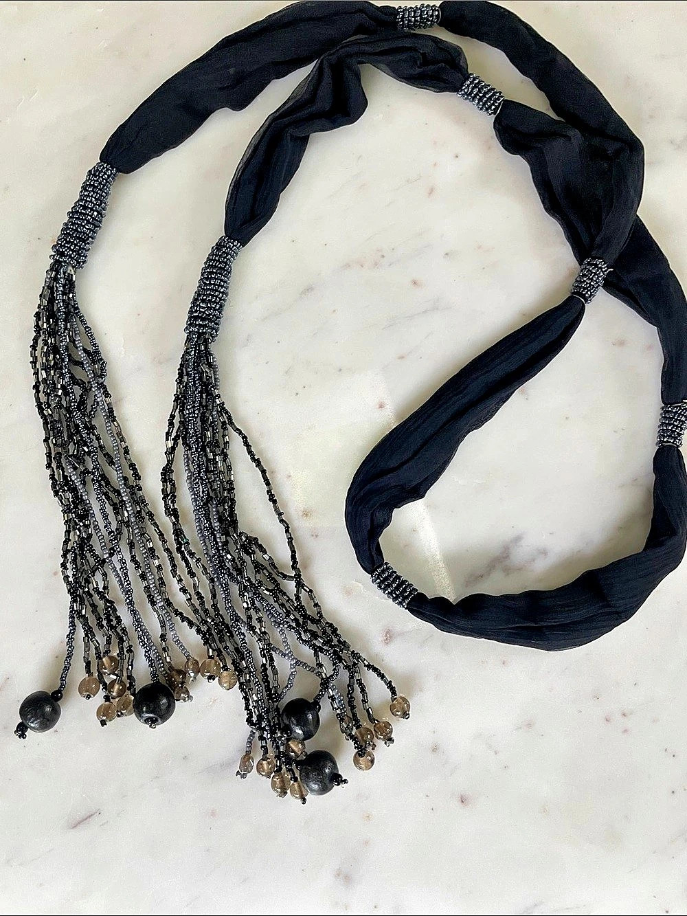 Boho Black & Gray Gauzey Fabric With Multi-Strand Beaded Tassel Belt NWOT